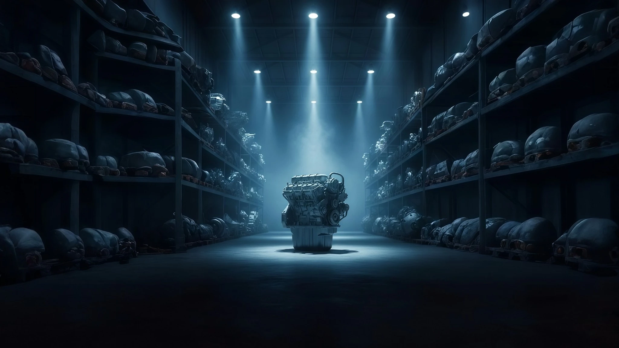 Precision diesel engine showcased in a warehouse surrounded by rows of spare parts.